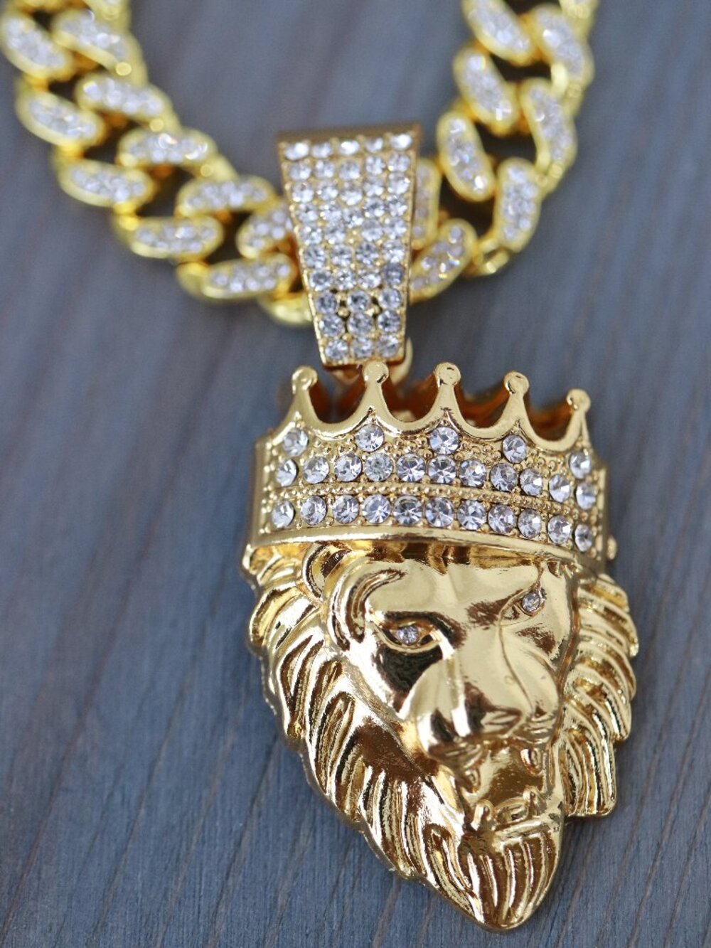 Lion Pendant Necklace 13mm 20inches Cuban Ice Style 18k Gold Plated